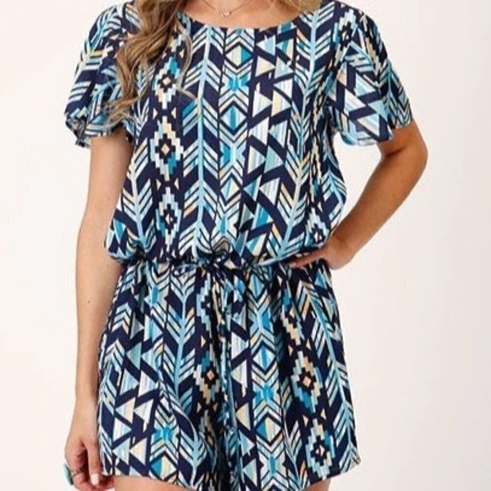 Roper Women's Short Sleeve Aztec Print Shorts Romper Jumpsuit- Blue